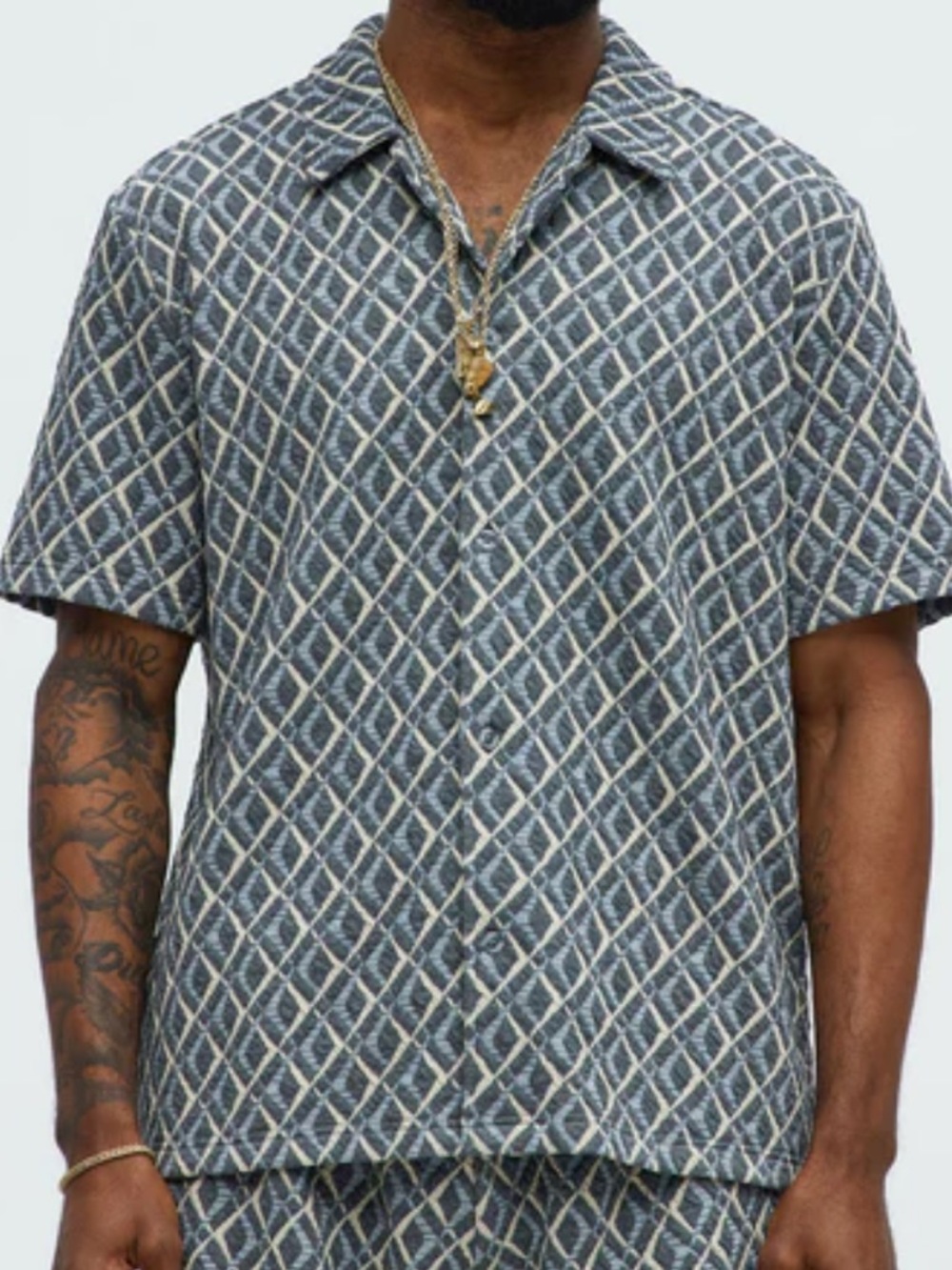 Fashion Nova Fleece Factory Jacquard Button Up Large Y2K Retro Geo Lounge Shirt